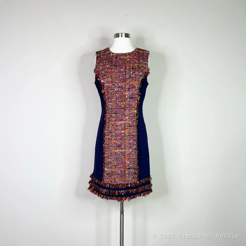 NEW DVF | Jacey Tweed Fringe Navy Blue Red Sleeveless Designer Sheath Dress 10